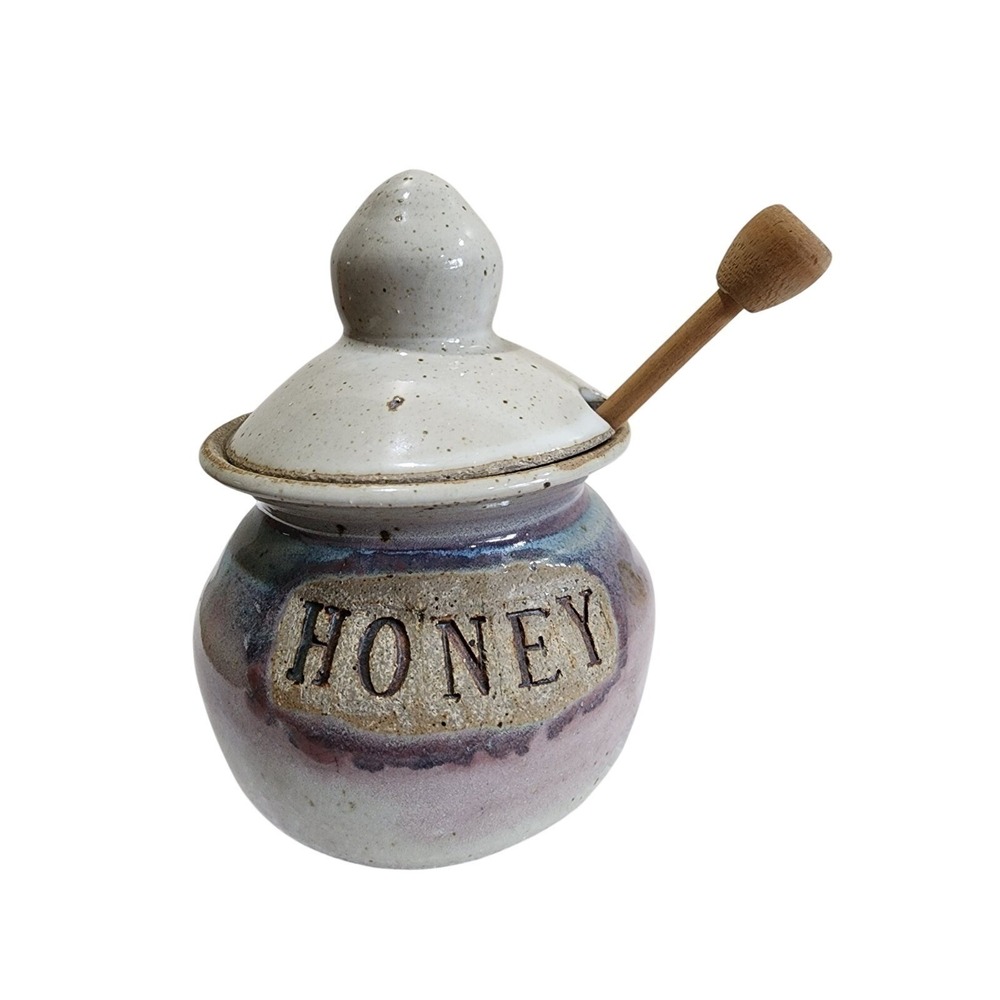 Studio Pottery Signed Honey Pot Jar Lid Wooden Dipper Handmade Ceramic Rustic